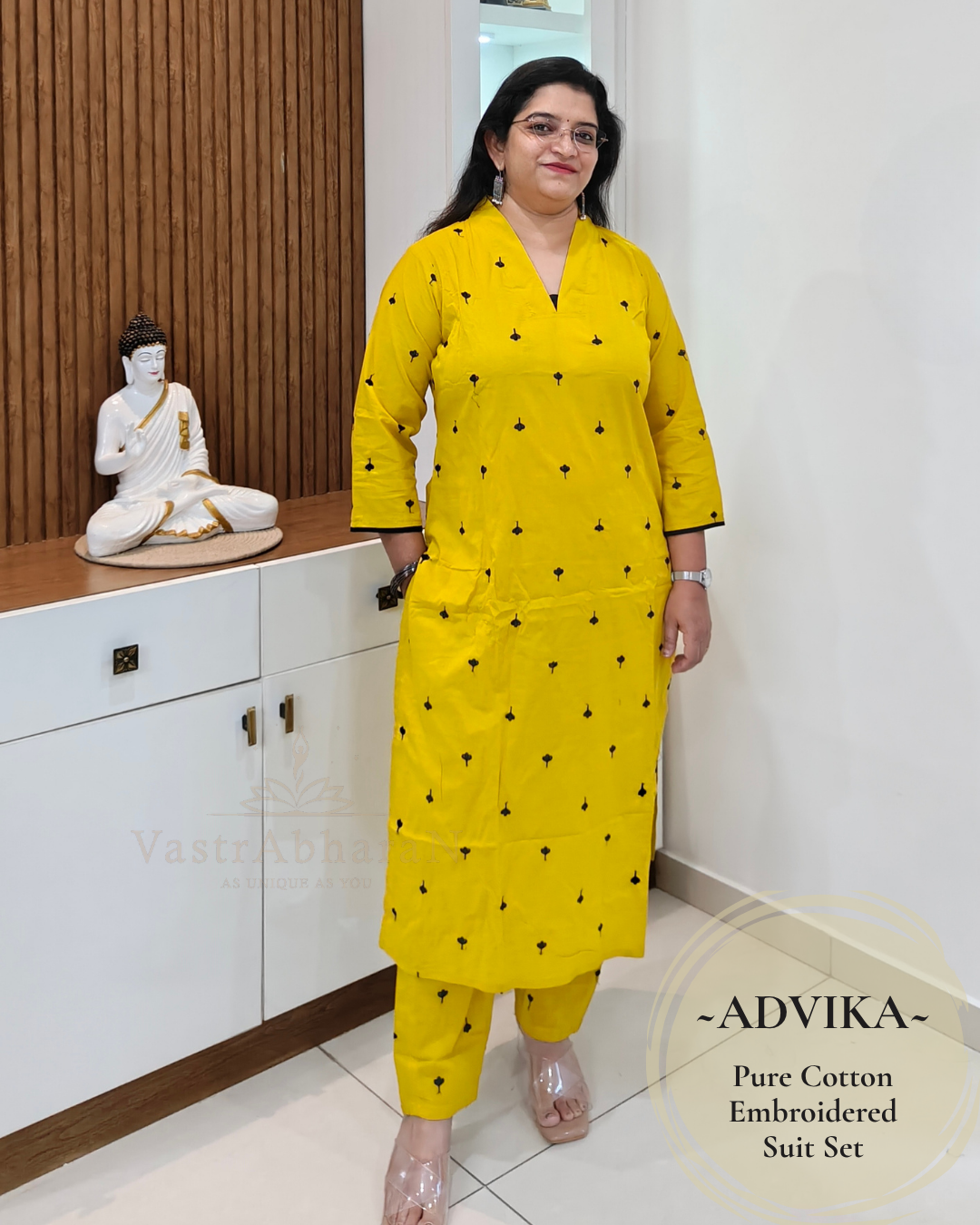 Yellow embroidered pure cotton suit set for women