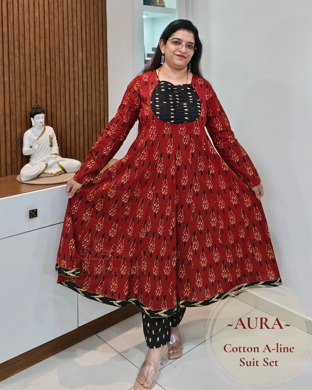 Terracotta printed cotton suit set with contrast yoke for women
