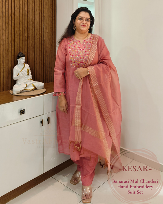 Dusty rose pink hand embroidered Banarasi Mul Chanderi suit set for women