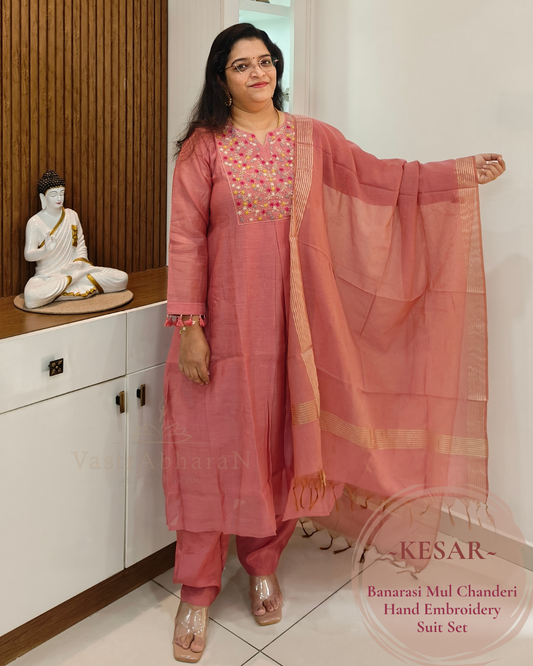 Dusty rose pink Chanderi top with hand embroidered yoke