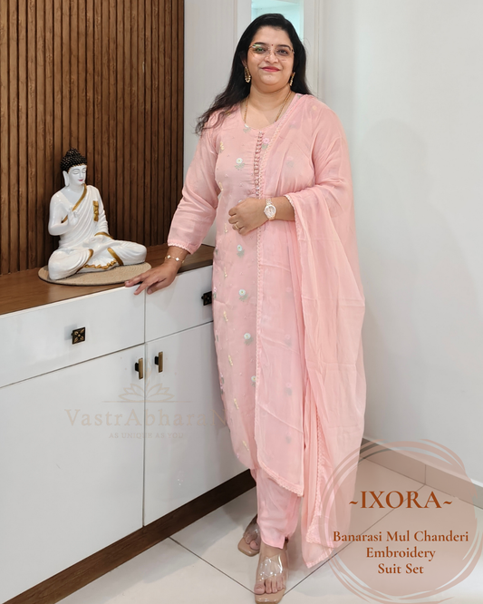 Peach embroidered festive Banarasi Mul Chanderi suit set