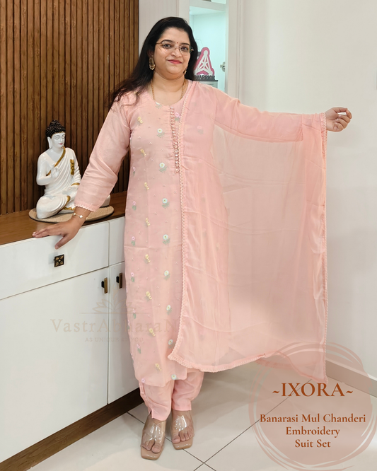 Pure chiffon peach dupatta with lace border