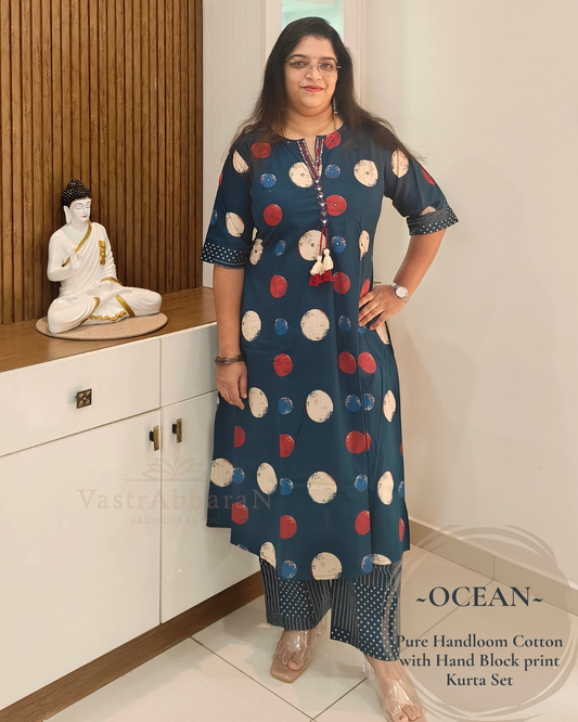 Pure handloom cotton hand block printed kurta set for women
