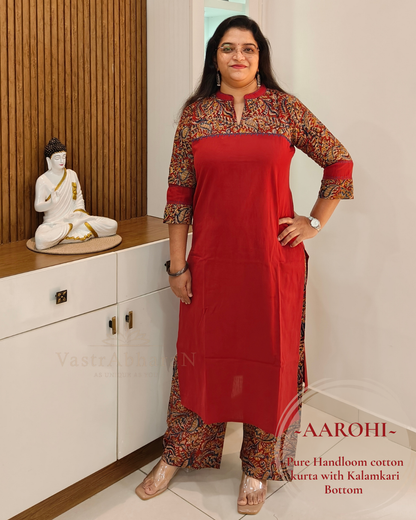 Maroon handloom cotton Kalamkari kurta set for women