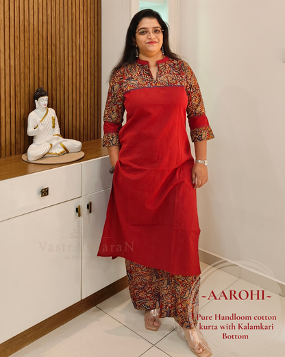 Maroon handloom cotton Kalamkari kurta set for work and travel