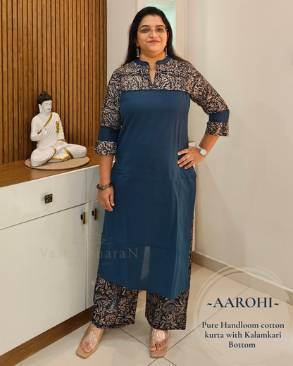 Blue handloom cotton Kalamkari kurta set for women