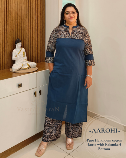 BLue handloom cotton Kalamkari kurta set for work and travel