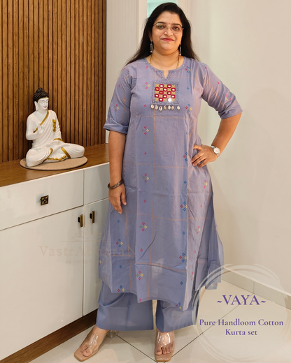 Light purple pure handloom cotton A-line kurta set for women