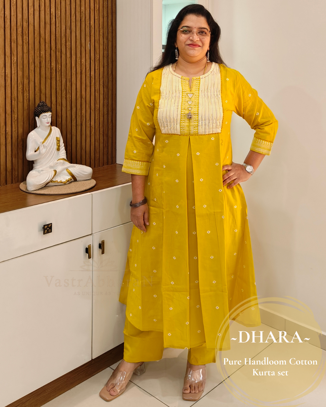 Yellow pure handloom cotton A-line kurta set for women