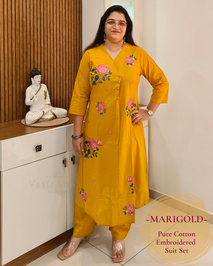 Mustard cotton embroidered suit with 3/4 sleeves