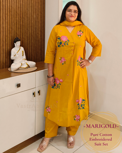 Mustard floral embroidered cotton suit set for women