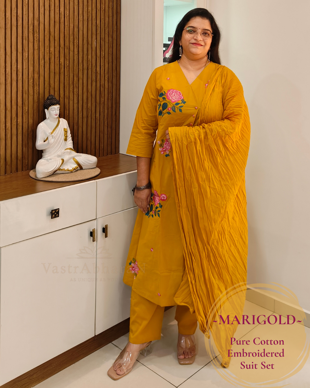 Mustard embroidered cotton suit set for women