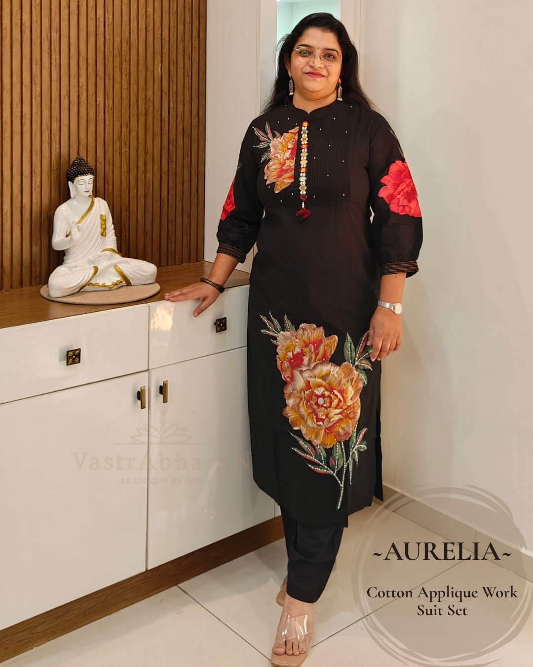 Black cotton top with Mandarin collar pleated yoke and mirror work