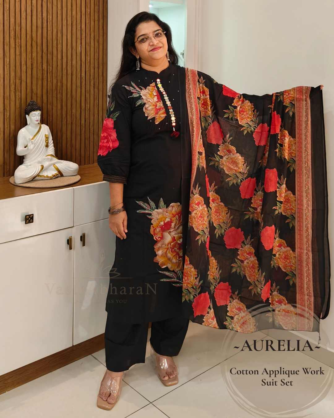 Printed Mul Cotton dupatta with black cotton suit set