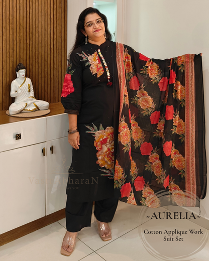 Printed Mul Cotton dupatta with black cotton suit set