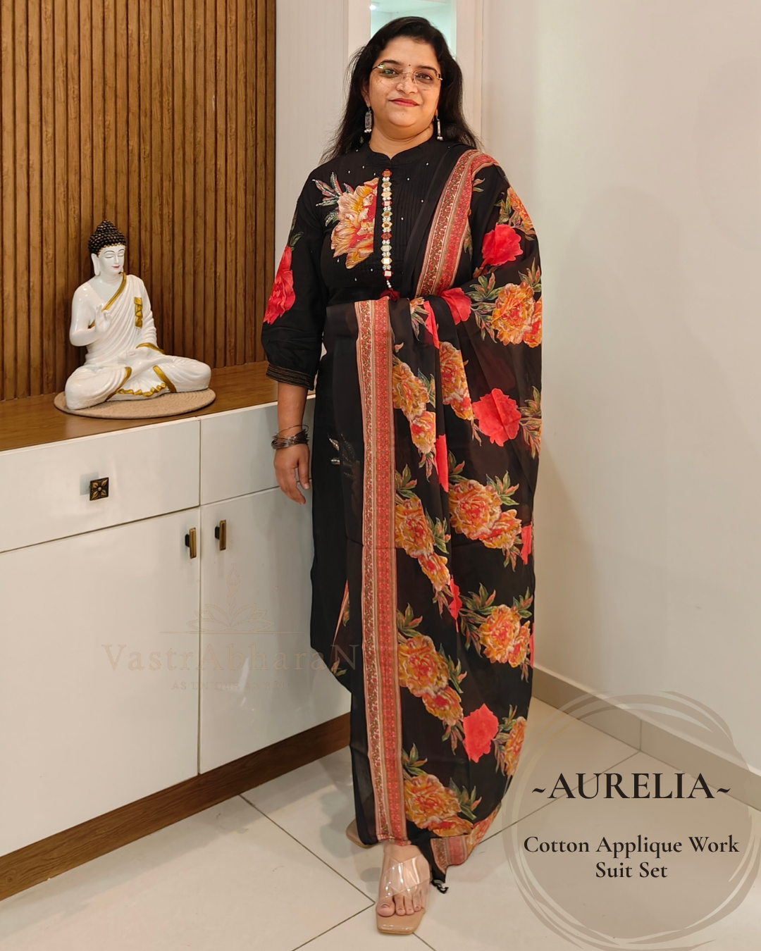 Black cotton applique and mirror work suit set for women