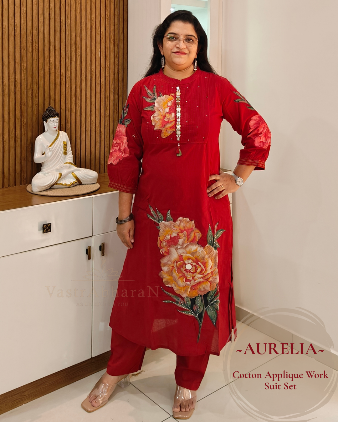 Maroon floral applique cotton suit set for women