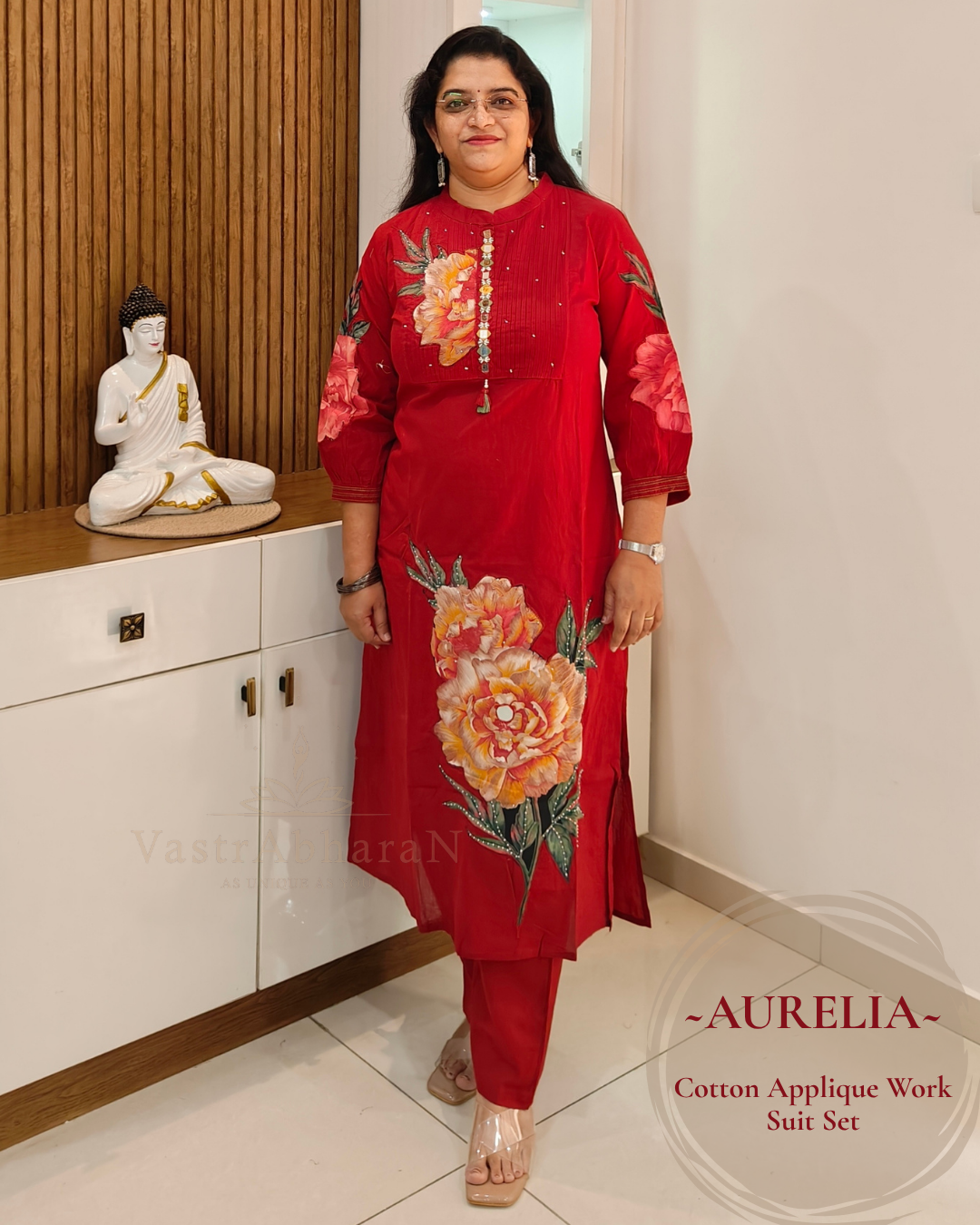 Maroon cotton top with 3/4 sleeves and applique work