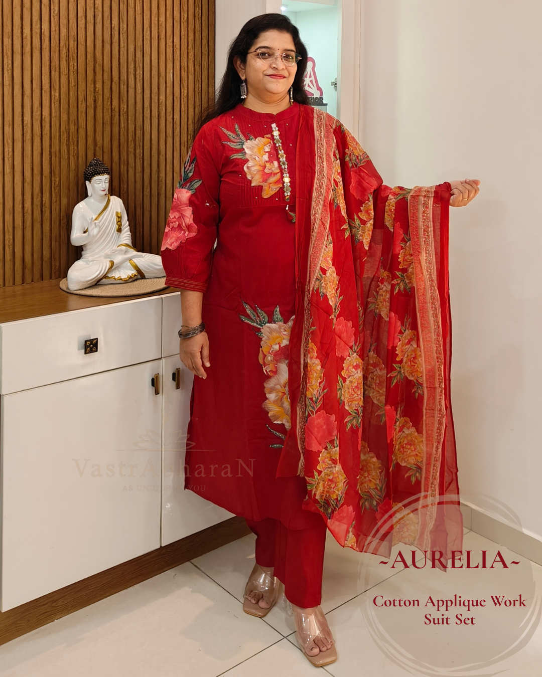 Printed Mul Cotton dupatta with black cotton suit set