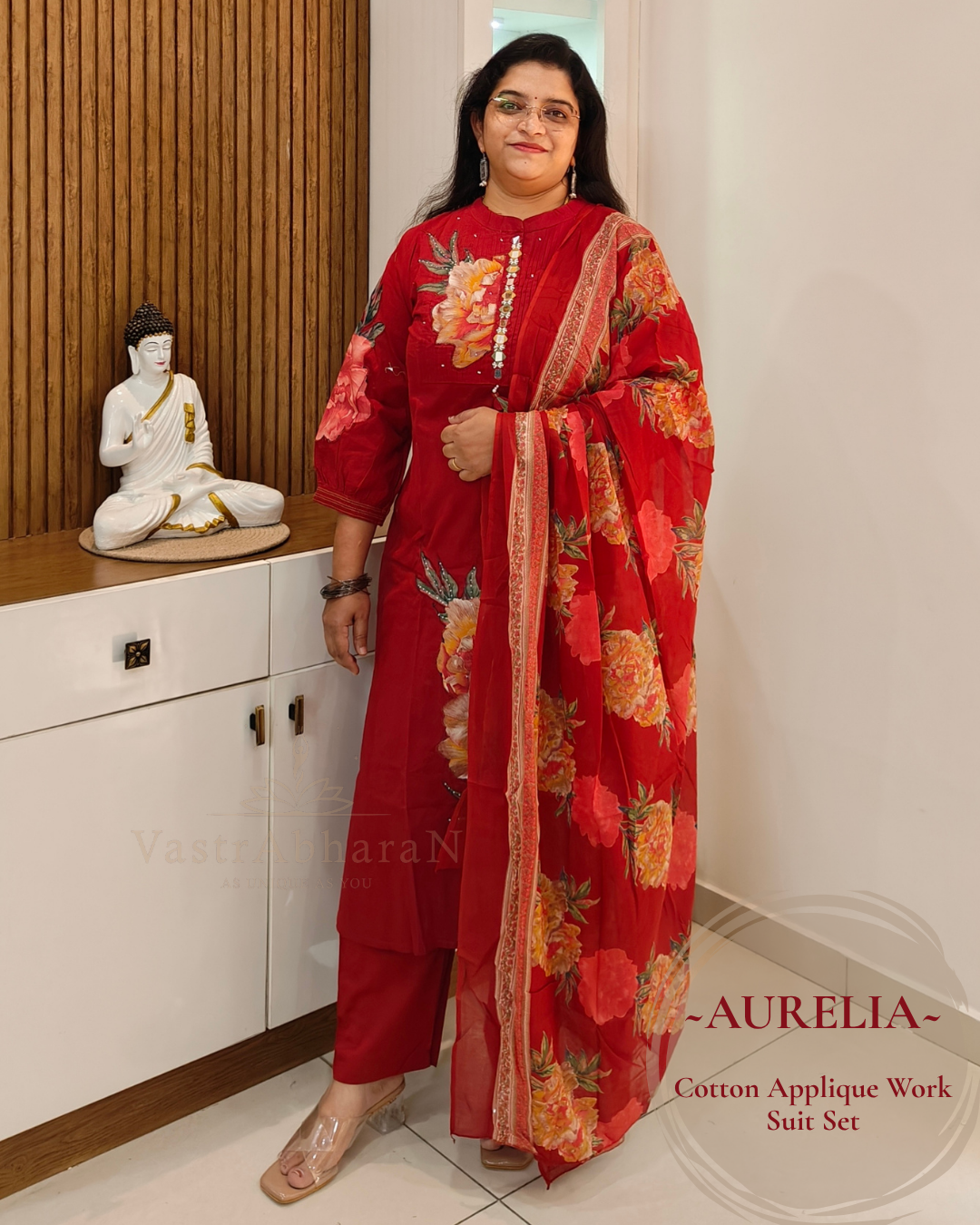 Black cotton applique and mirror work suit set for women