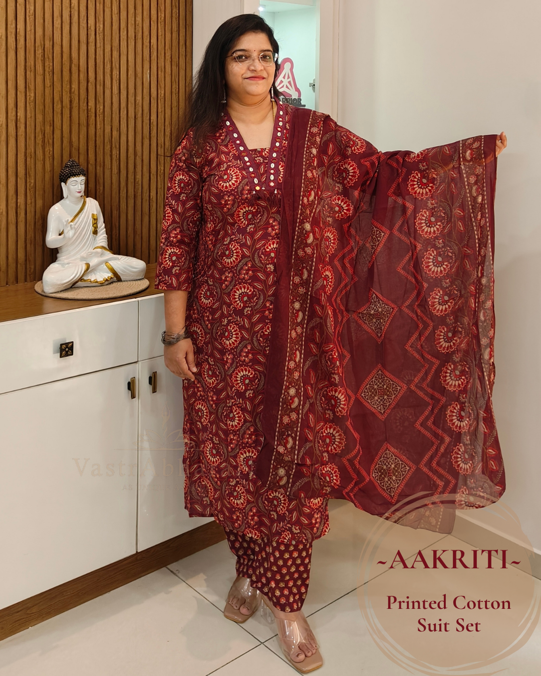 Printed Mul Cotton dupatta with maroon cotton suit set