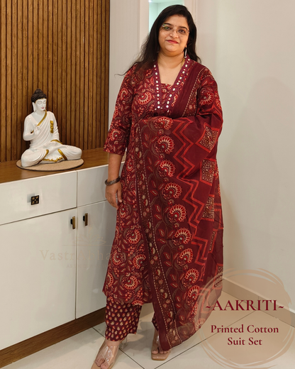 Maroon printed pure 60x60 cotton top with mirror and shell work