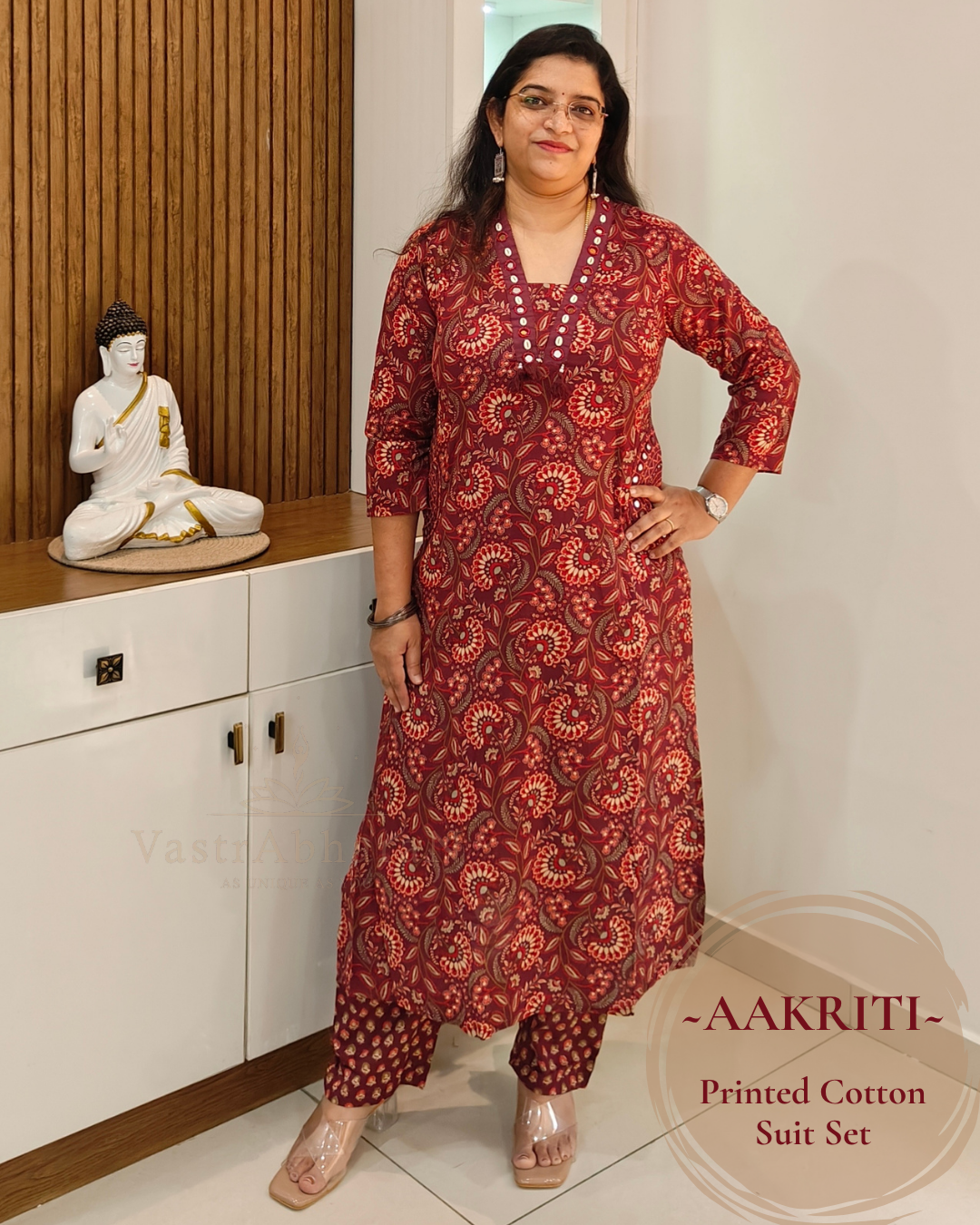 Maroon printed cotton mirror work suit set for women