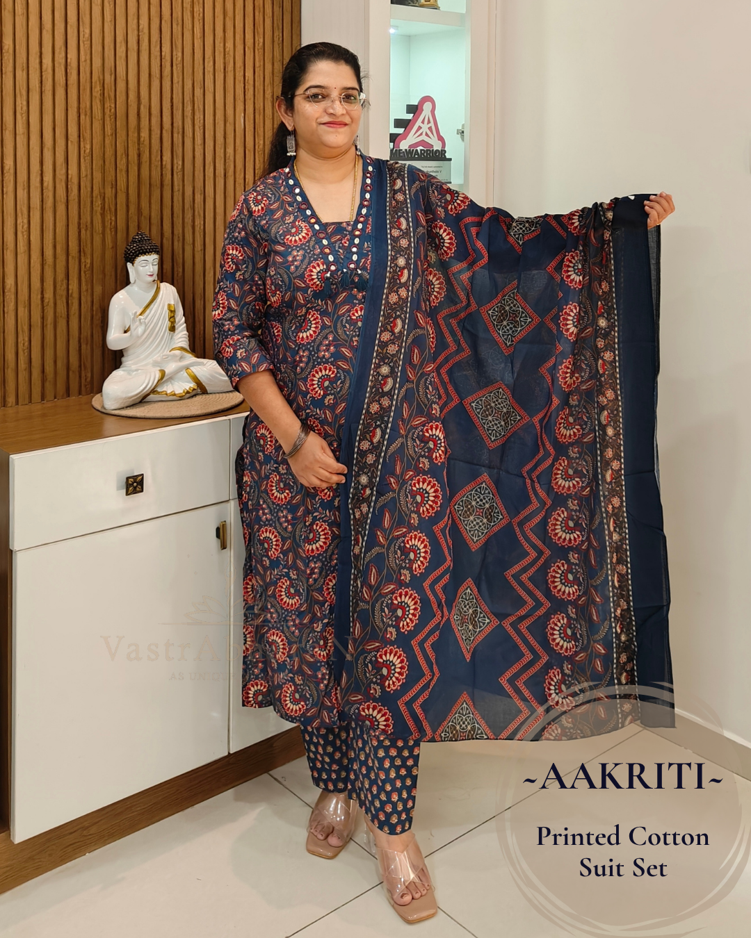 Printed Mul Cotton dupatta with blue cotton suit set