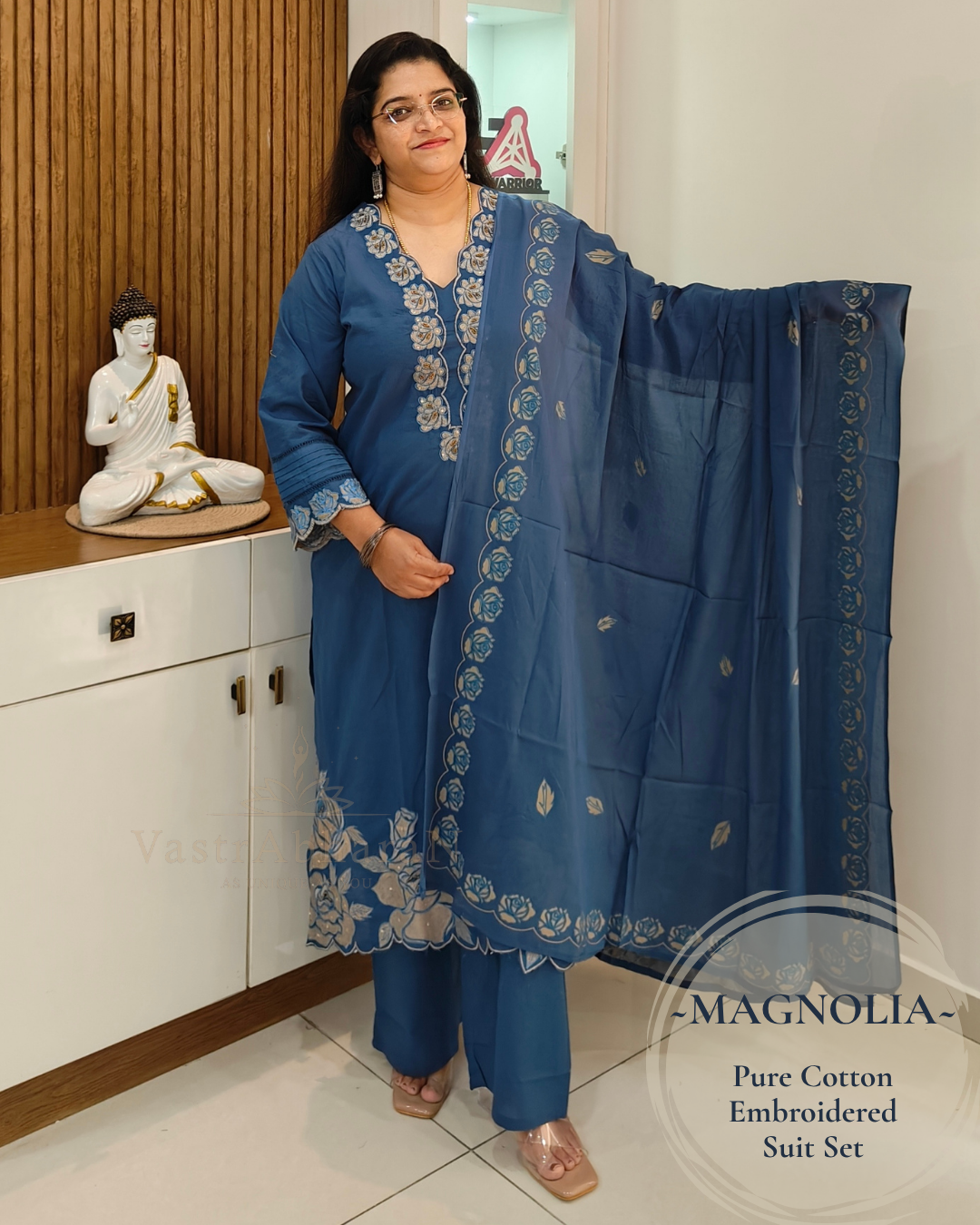 Printed Mul Cotton dupatta with blue cotton suit set