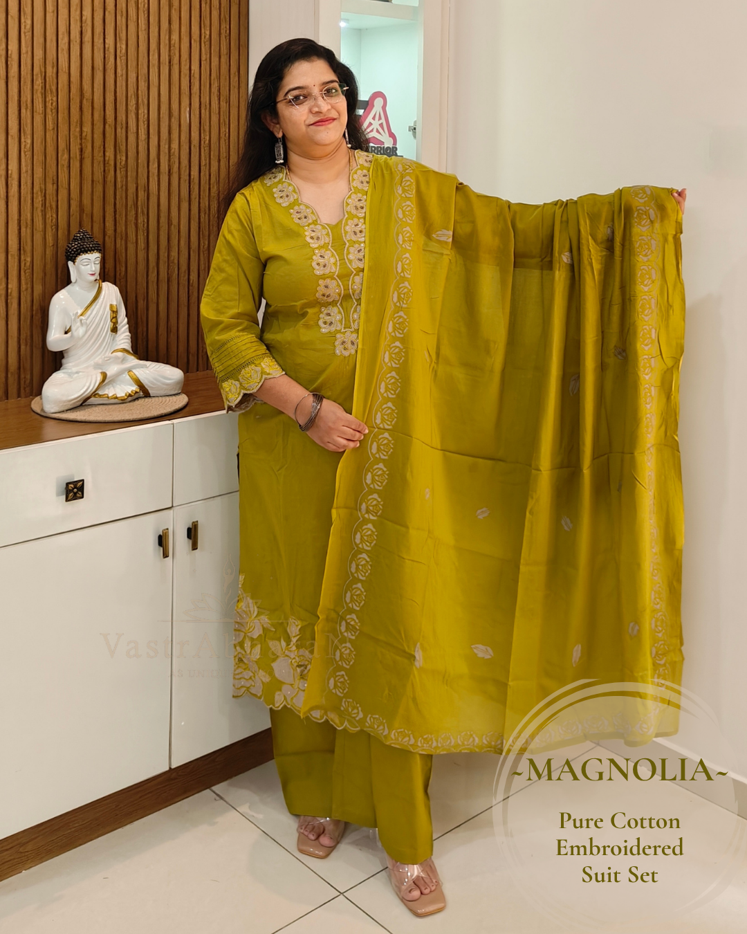 Printed Mul Cotton dupatta with green cotton suit set