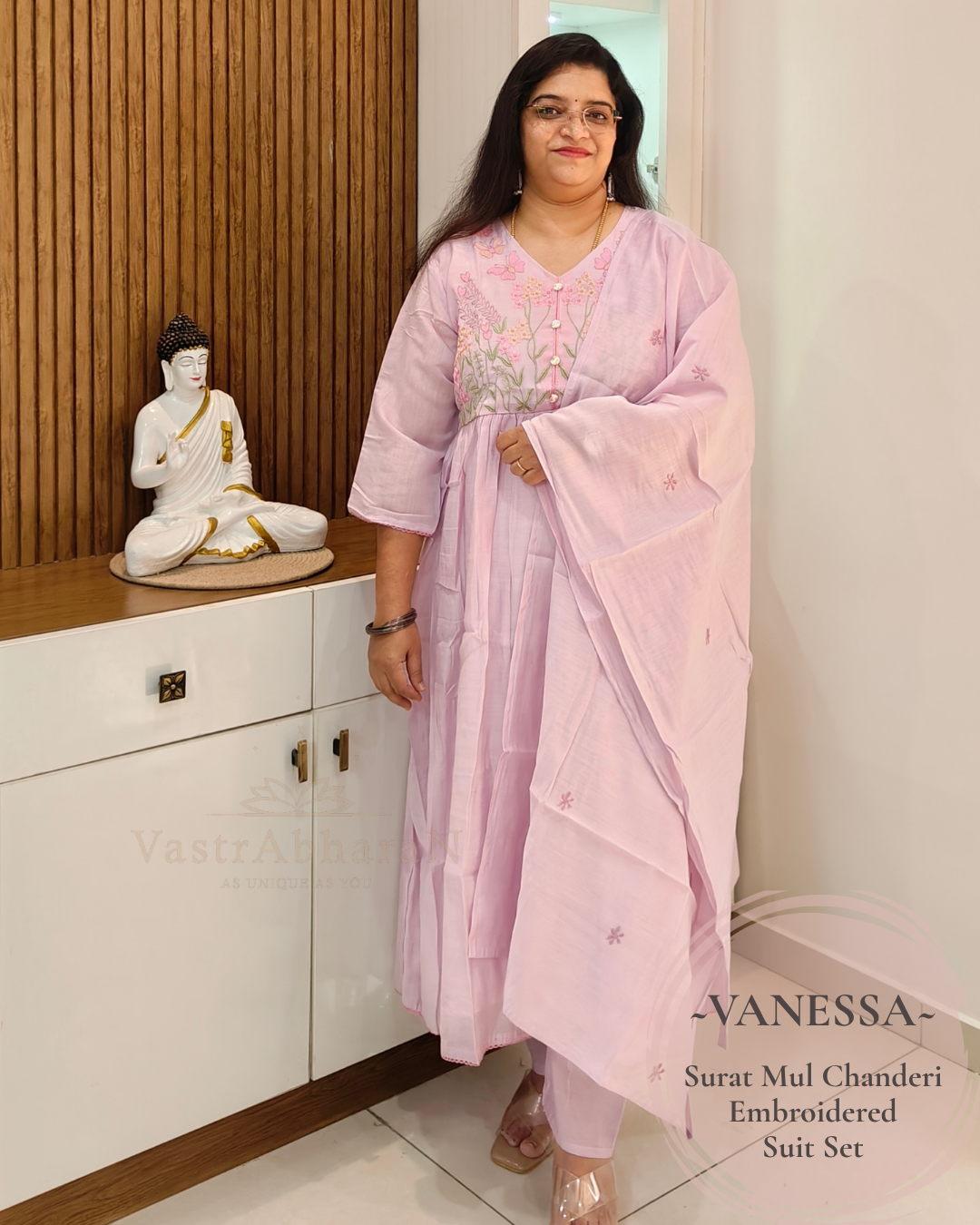 Lavender Surat Mul Chanderi A-line top with embroidered yoke