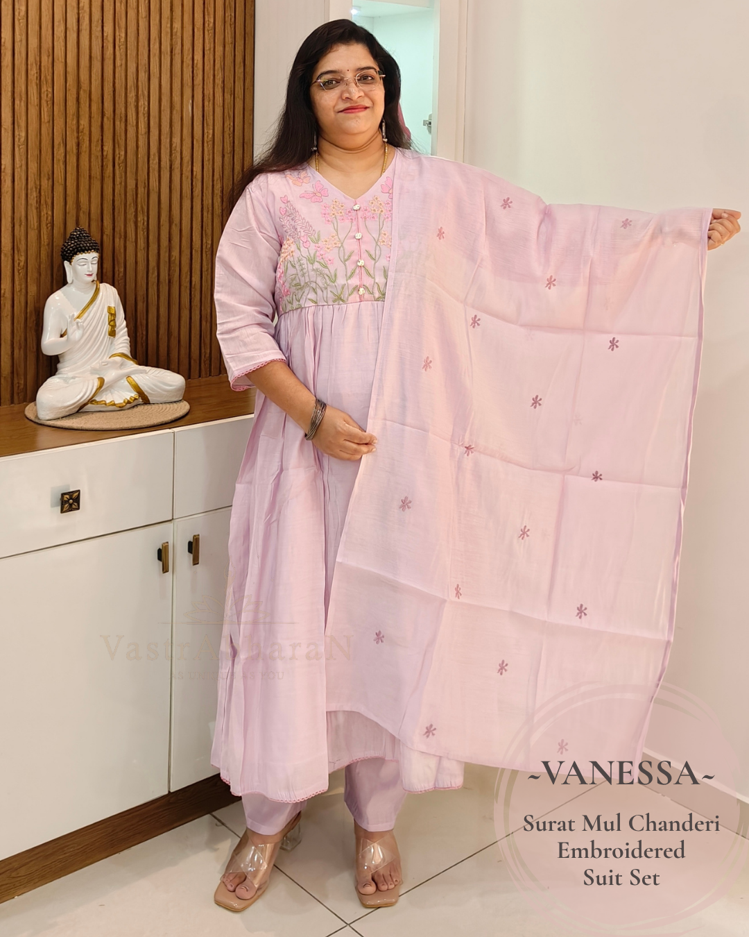 Lavender Surat Mul Chanderi top with 3/4 sleeves