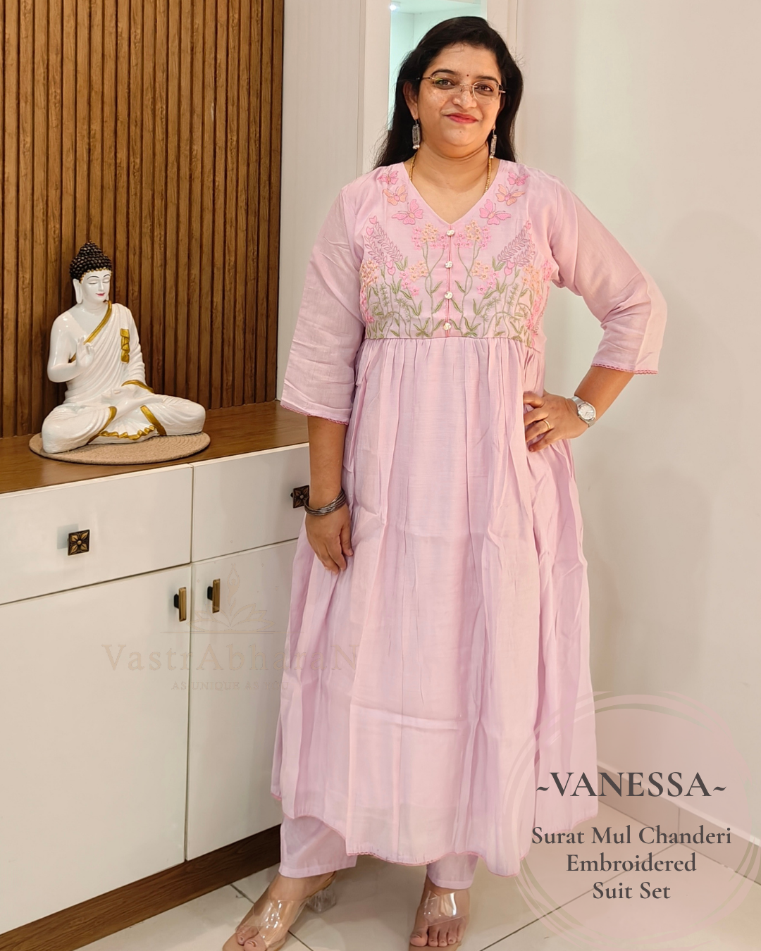 Soft lavender embroidered Surat Mul Chanderi festive suit set