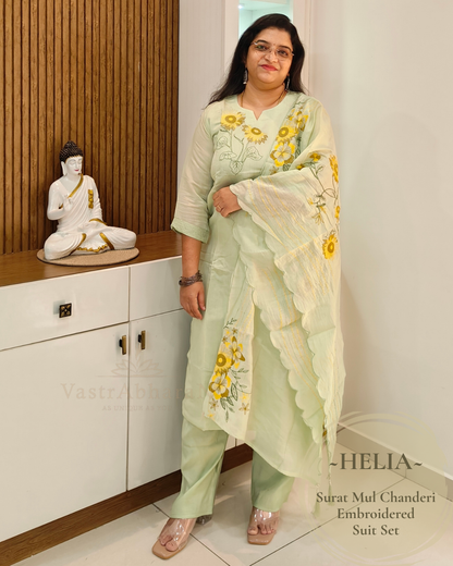 Pastel Green embroidered Surat Mul Chanderi suit set for women