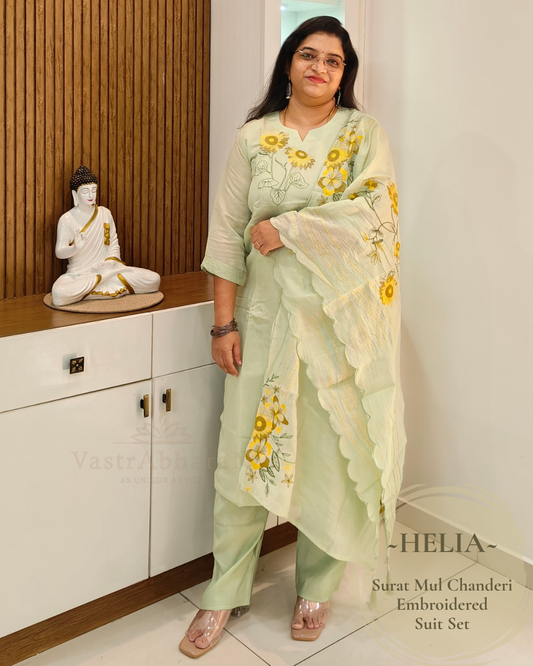 Pastel Green embroidered Surat Mul Chanderi suit set for women