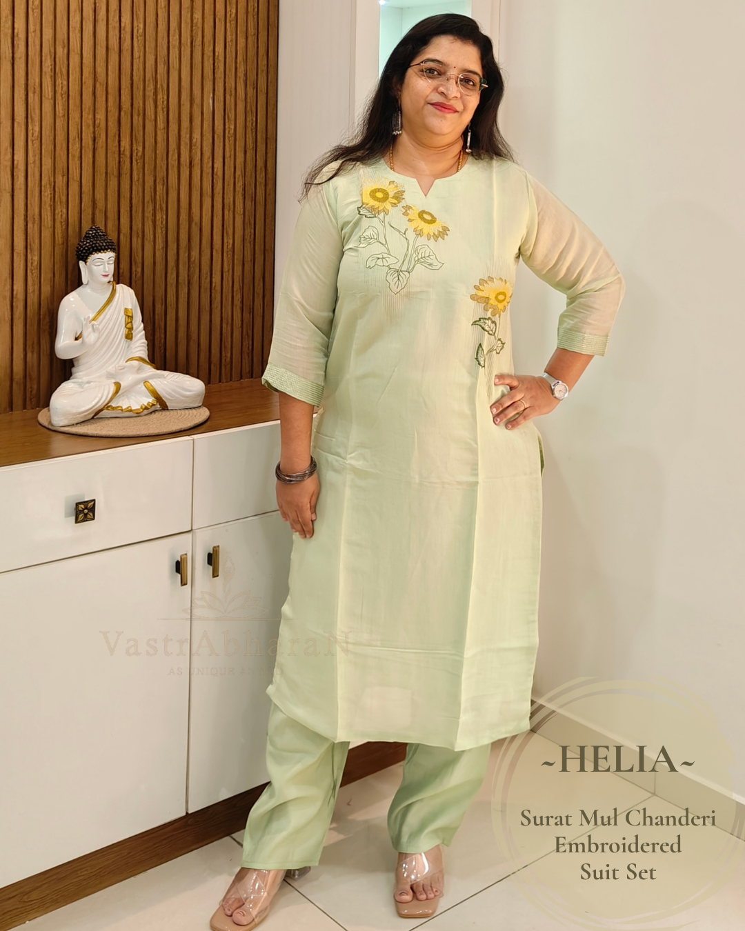 Pastel green Surat Mul Chanderi top with 3/4 sleeves
