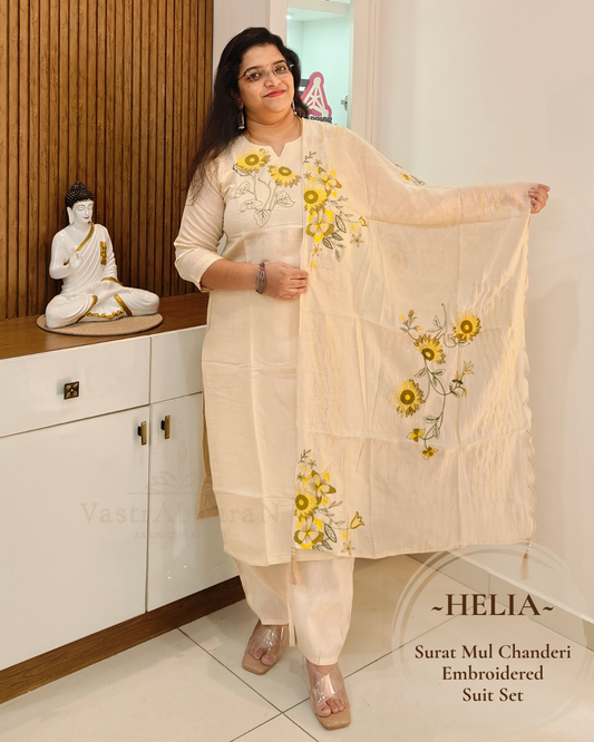 Beige Surat Mul Chanderi dupatta with floral embroidery and scalloped edge
