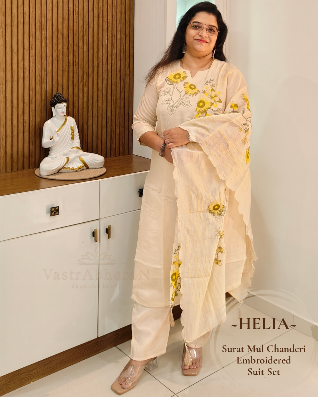Beige embroidered Surat Mul Chanderi suit set for women