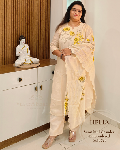 Beige embroidered Surat Mul Chanderi suit set for women