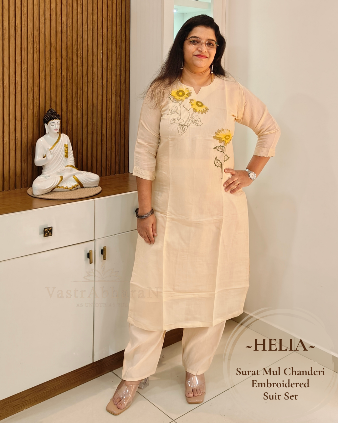 Beige floral embroidered Surat Mul Chanderi festive suit set