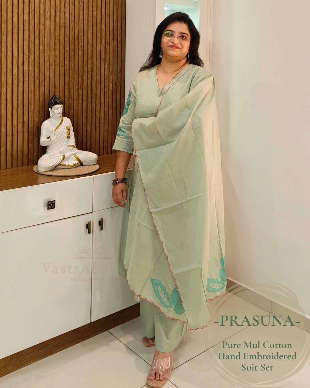 pastel green hand embroidered Mul Cotton suit set for women