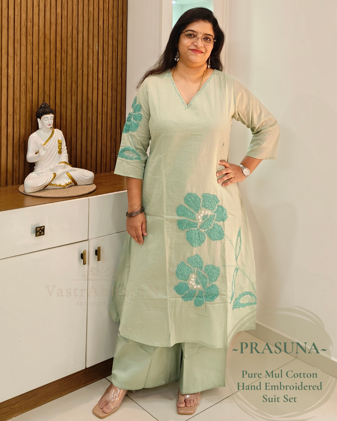 Peach hand embroidered cotton festive and workwear suit set