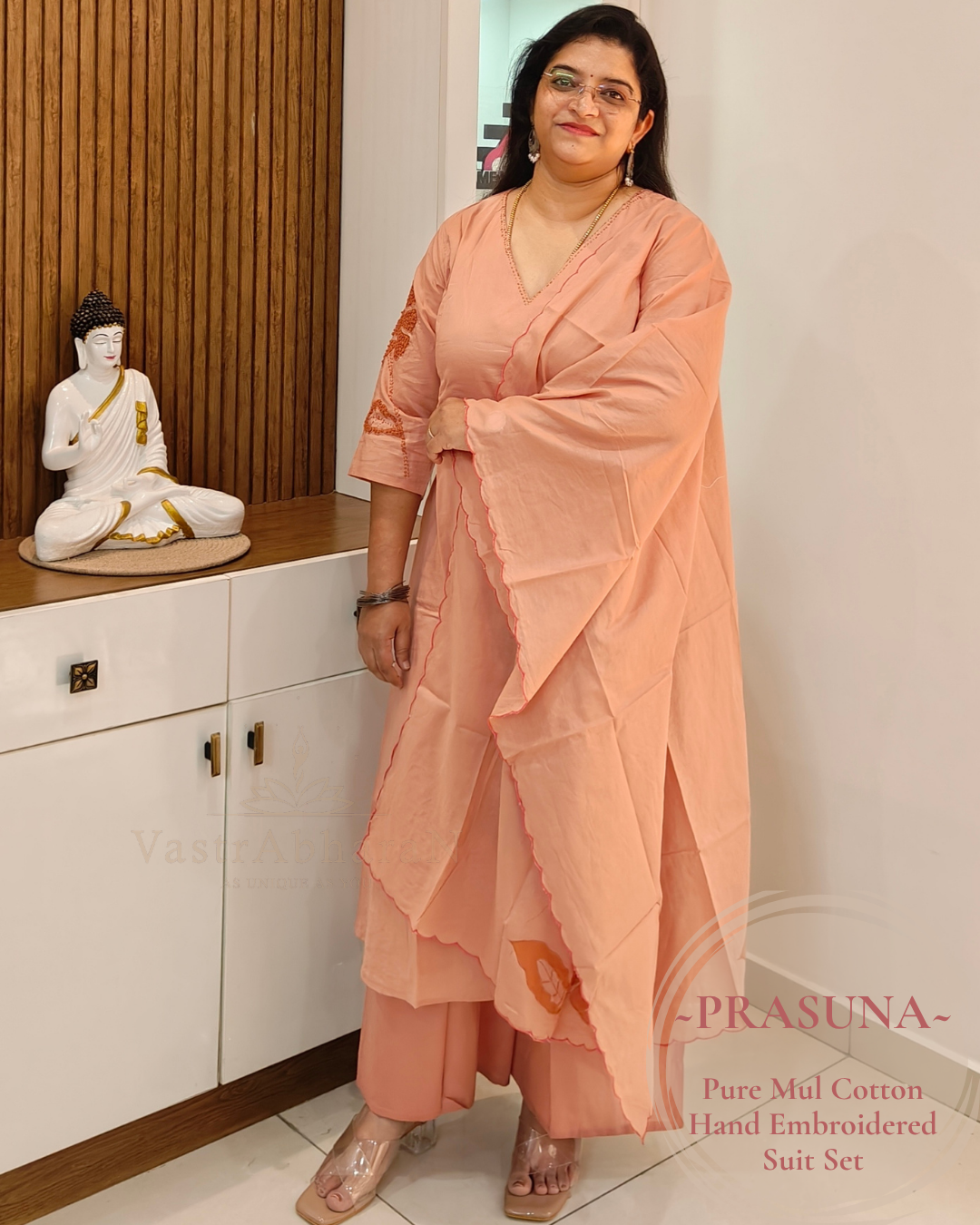 Peach hand embroidered Mul Cotton suit set for women