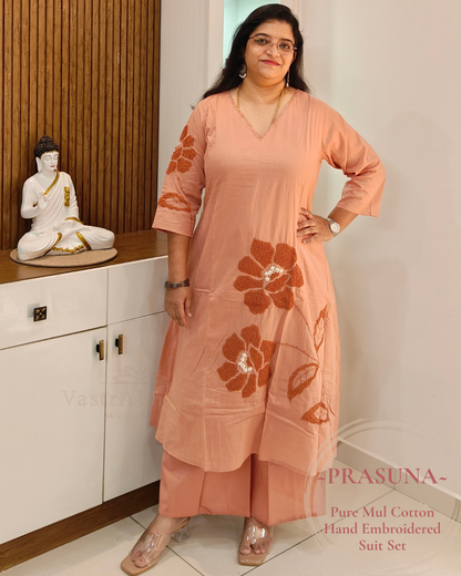 Peach Mul Cotton top with embroidered 3/4 sleeve