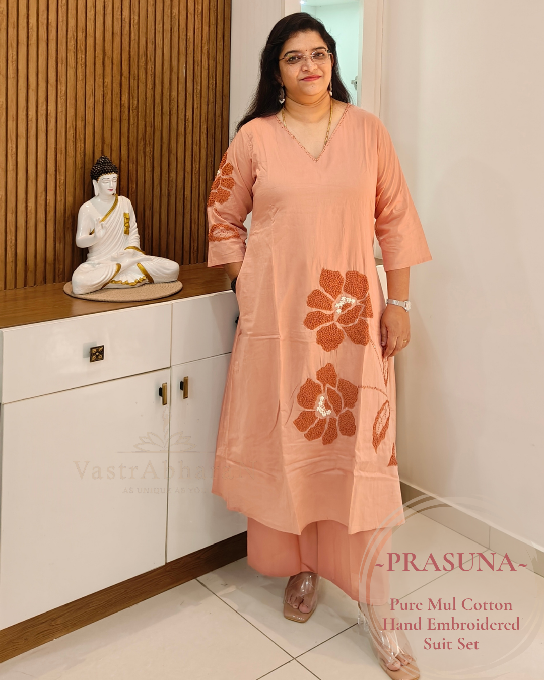 Peach Mul Cotton A-line top with hand embroidery and pocket