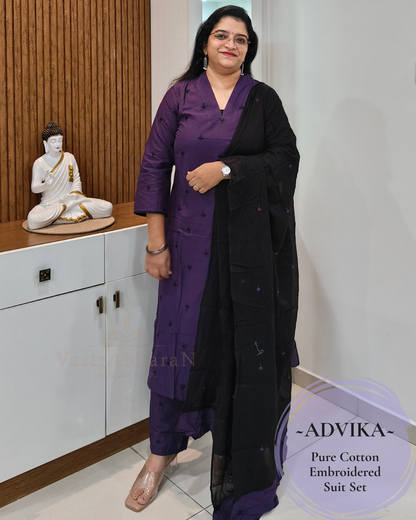 Purple pure cotton embroidered suit set for women