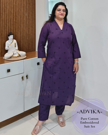 Purple embroidered pure cotton suit set for women