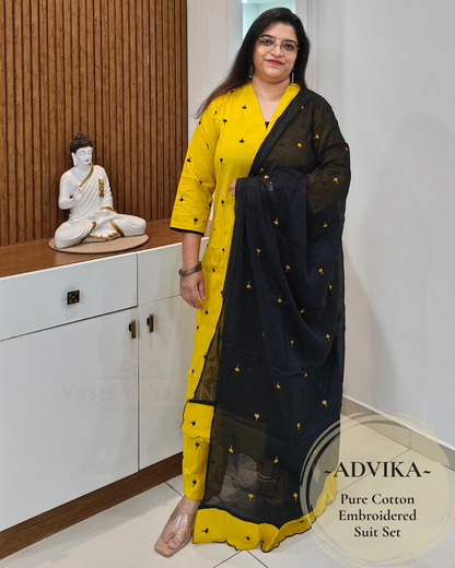Yellow pure cotton embroidered suit set for women