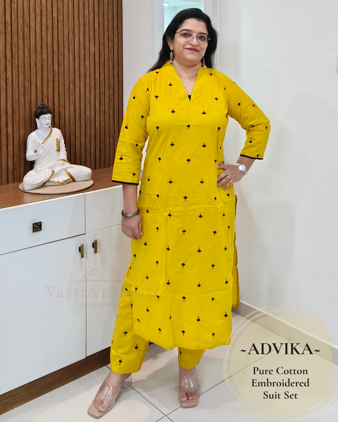Yellow pure cotton embroidered straight-cut bottom