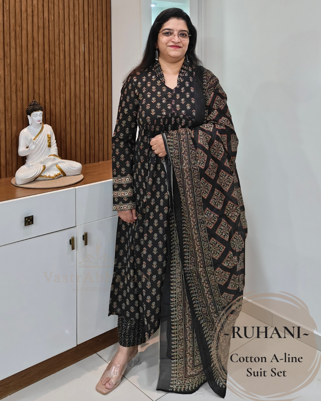 Black printed A-line cotton suit set for women